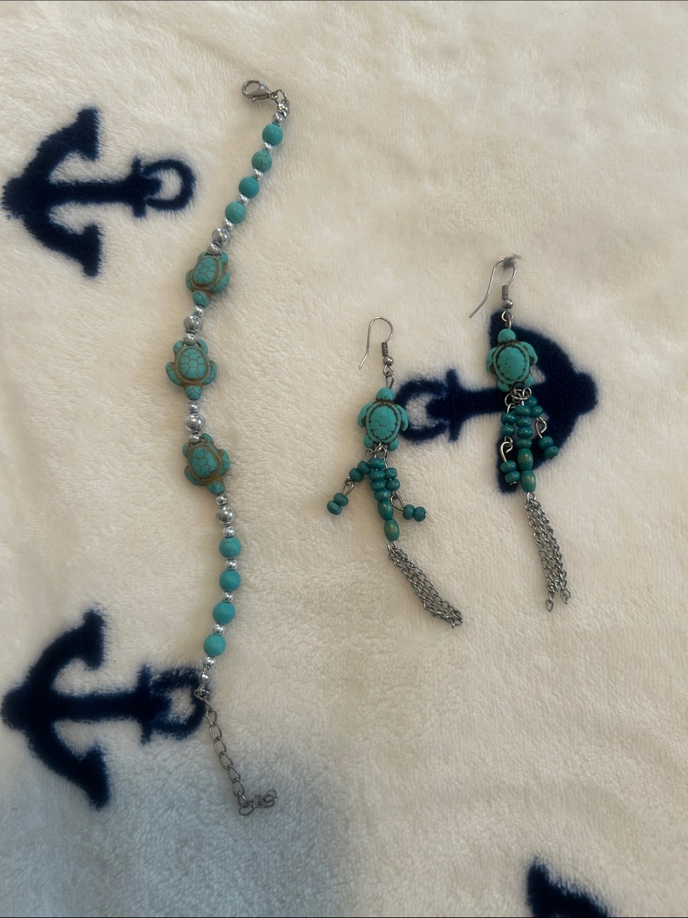 Turquoise Bead Bracelet and Dangle Earrings Set - Teal Floral Accents